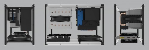 Example 1 - A typical build using a compact to mid-size GPU, SFX-L PSU, 140mm tall CPU Cooler, 1x 3.5” + 2x 2.5” drives and 140mm intake fan for additional case cooling.